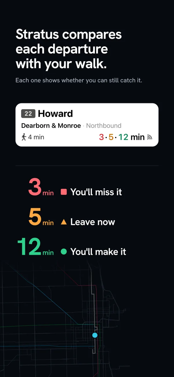 Stratus compares each departure with your walk: 3 minutes, you'll miss it; 5, leave now; 12, you'll make it.