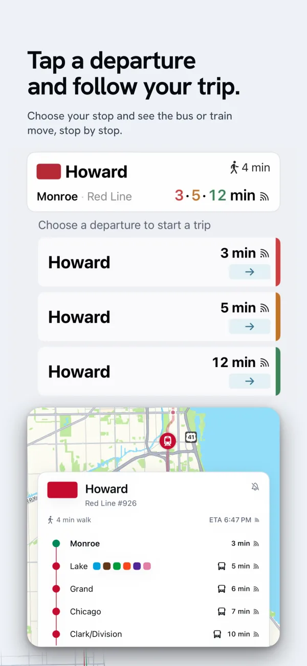 Tap a departure and follow your trip, stop by stop.